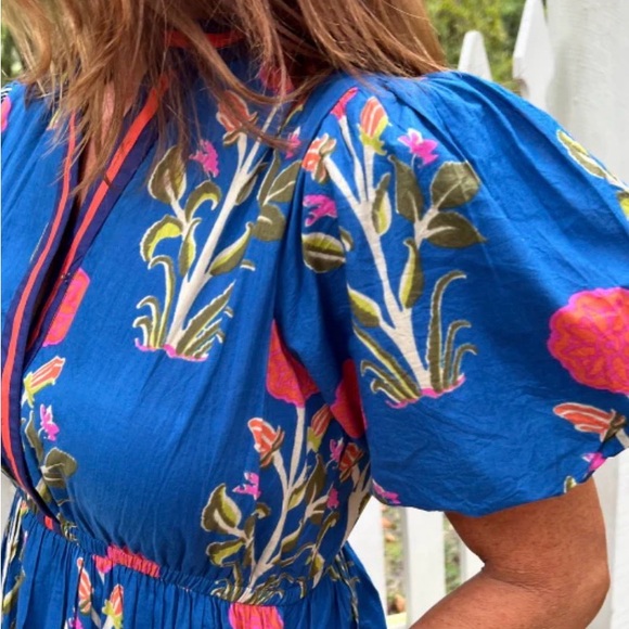 THML Floral dahlia puff sleeve Midi Dress blue green - Picture 3 of 11